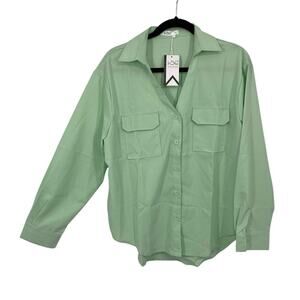 WBQ Button Front Shirt Size Medium Solid Mint Green Long Sleeves